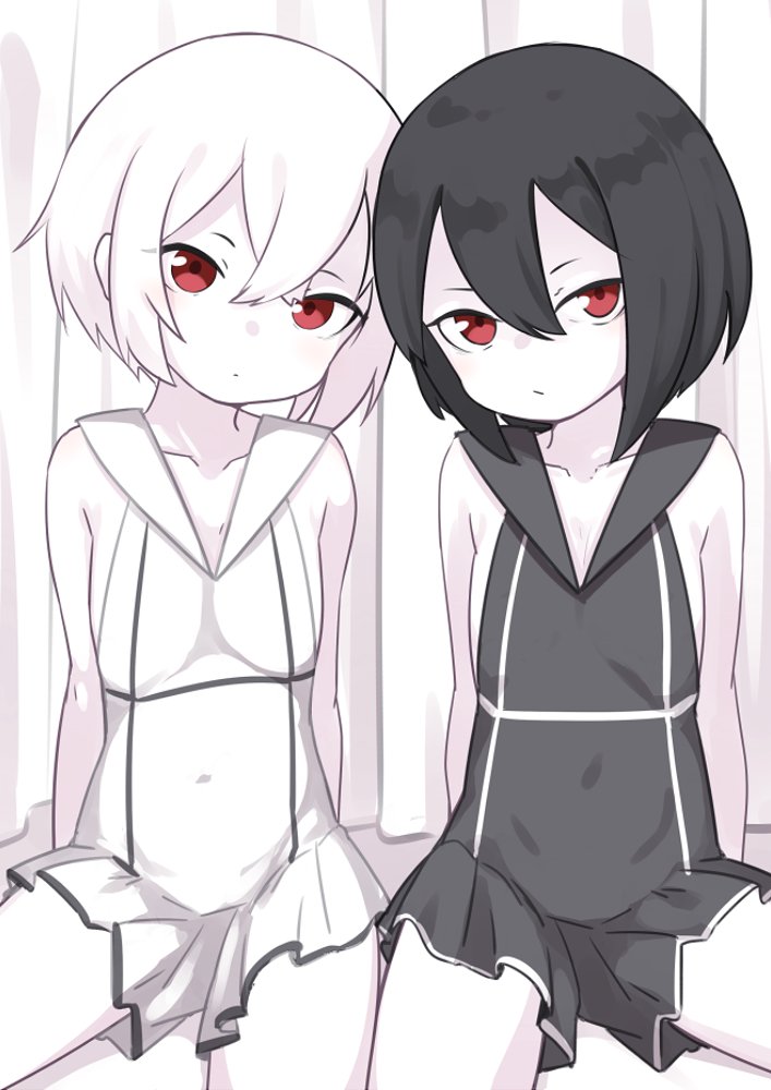 abyssal_ship, abyssal_twin_princess_(black), black_dress, black_hair, black_sailor_collar, colored_skin, commentary_request, cowboy_shot