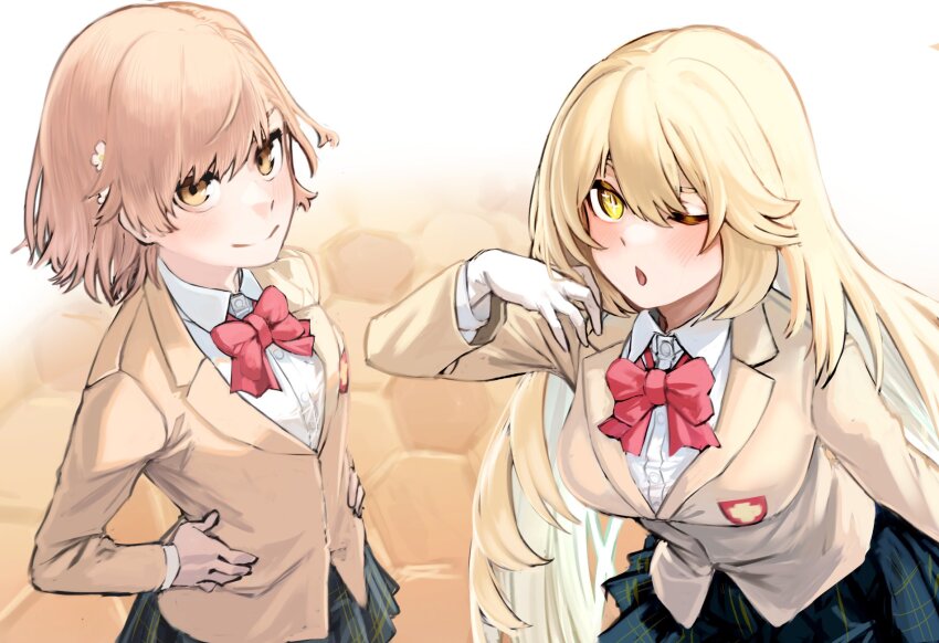 2girls, black_skirt, blazer, blonde_hair, bow, bowtie, breasts, bright_pupils