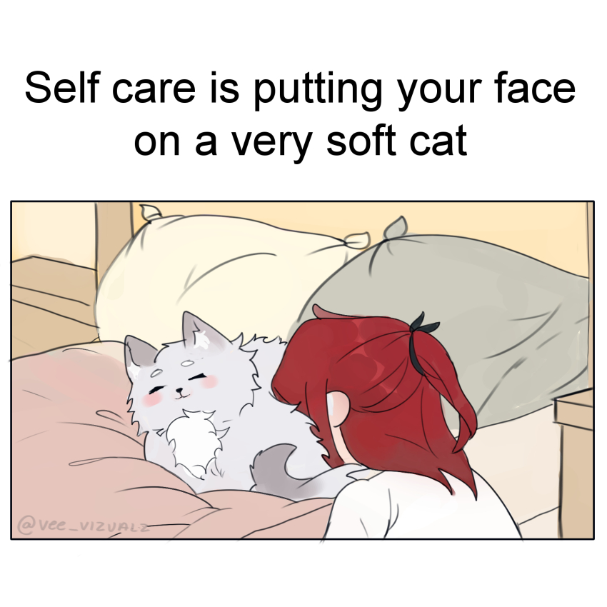 1boy, animal, bed, cale_henituse, cat, closed_eyes, closed_mouth, commentary, commentary_request, english_commentary, english_text, grey_cat, half_updo, highres, long_hair, lout_of_count's_family, male_focus, meme, pillow, red_hair, shirt, twitter_username, vee_vizualz