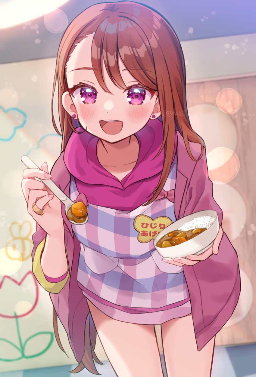 1girl, absurdres, apron, asymmetrical_bangs, bowl, brown_hair, commentary_request, earrings