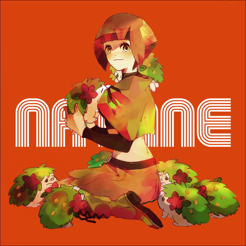 00s, 1girl, bad_id, bad_pixiv_id, belt, character_name, gardenia_(pokemon), gen_4_pokemon, gym_leader, legendary_pokemon, mythical_pokemon, nintendo, okomeuma, orange_hair, pokemon, pokemon_(creature), pokemon_diamond/pearl/platinum, shaymin, shaymin_(land), short_hair