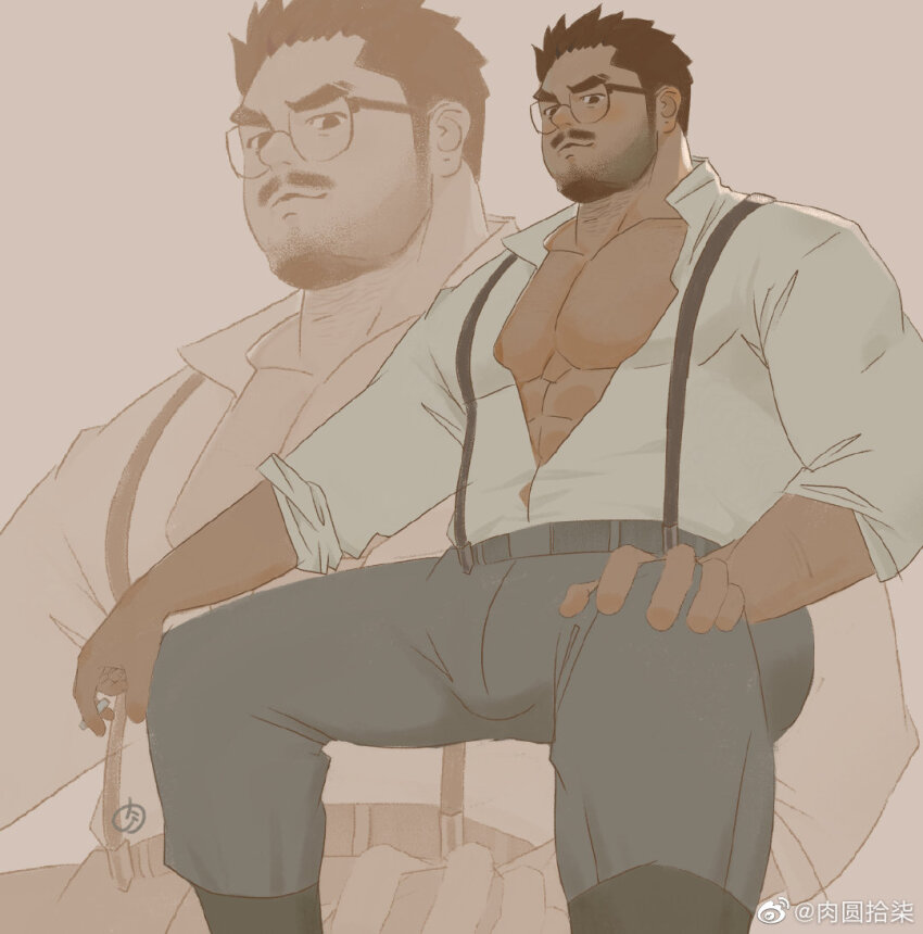 1boy, abs, bara, blush, brown_hair, collared_shirt, denim, facial_hair