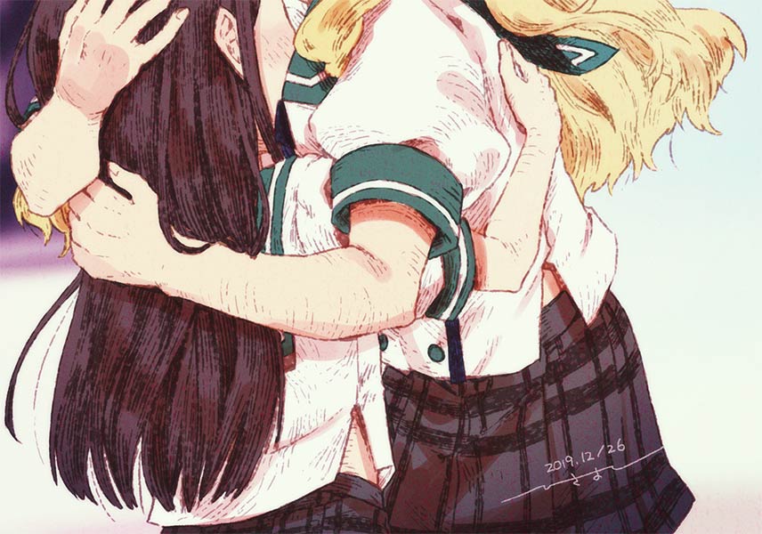 2019, 2girls, black_hair, blonde_hair, dated, enjouji_reika, ensemble_girls!, facing_another