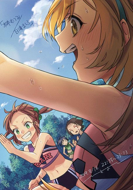 2019, 4girls, blonde_hair, blue_sky, brown_eyes, brown_hair, character_request, cheerleader, dated, ensemble_girls!, exercising, green_eyes, hisayoshi_(hisa), hitaki_mashiro, hotta_saaya, multiple_girls, purple_hair, red_hair, running, sakaki_mutsumi, sky, translation_request, yellow_eyes