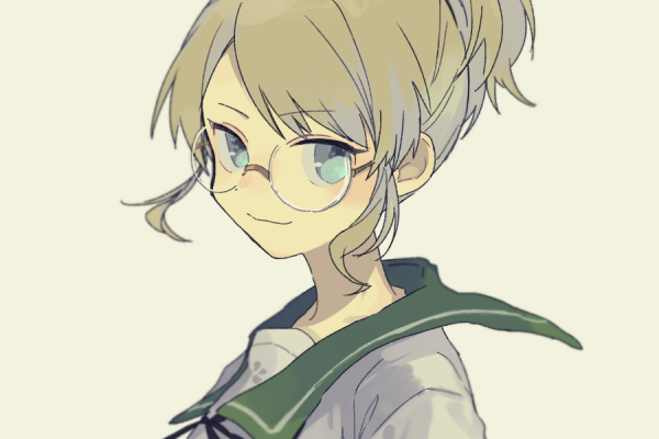1girl, black-framed_eyewear, blonde_hair, blue_eyes, closed_mouth, ensemble_girls!, glasses, green_sailor_collar
