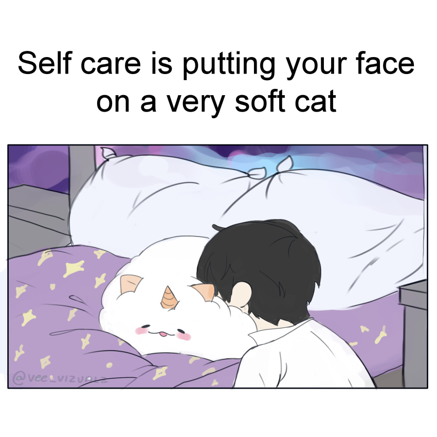 1boy, bed, black_hair, blush, closed_eyes, commentary, creature, english_commentary, english_text, highres, horns, kim_dokja, male_focus, meme, omniscient_reader's_viewpoint, pillow, shin_yoosung, shirt, short_hair, single_horn, twitter_username, vee_vizualz, white_shirt