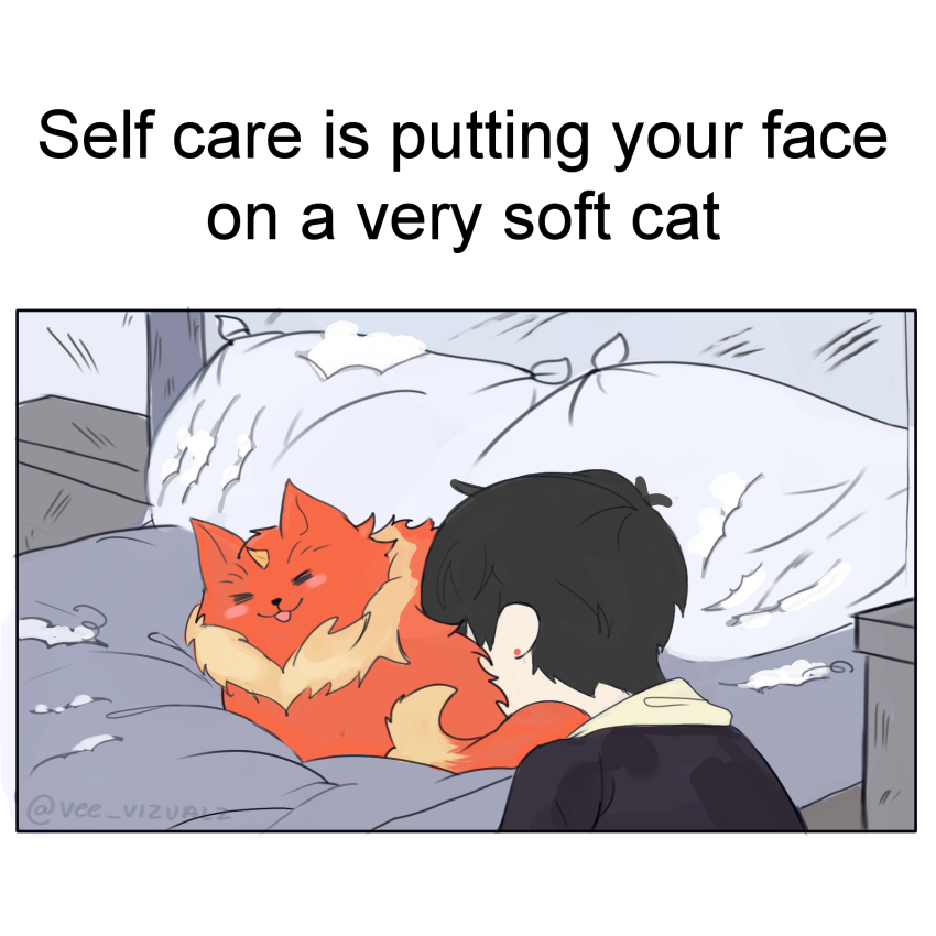 1boy, animal, bed, black_hair, cat, closed_eyes, commentary, earrings, english_commentary, english_text, han_yoojin, highres, jewelry, male_focus, meme, naega_kiun_s_geubdeul, open_mouth, orange_cat, peace_(naega_kiun_s_geubdeul), pillow, short_hair, twitter_username, vee_vizualz