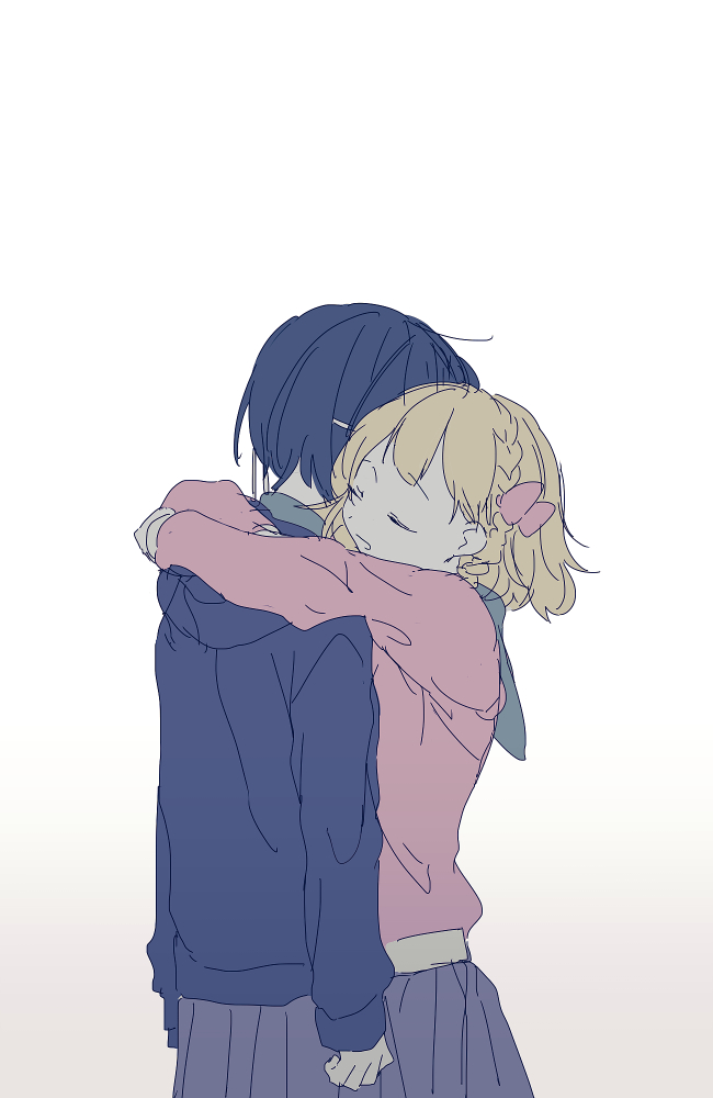 2girls, black_skirt, blonde_hair, blue_hair, blue_hoodie, bow, dark_blue_hair, ensemble_girls!