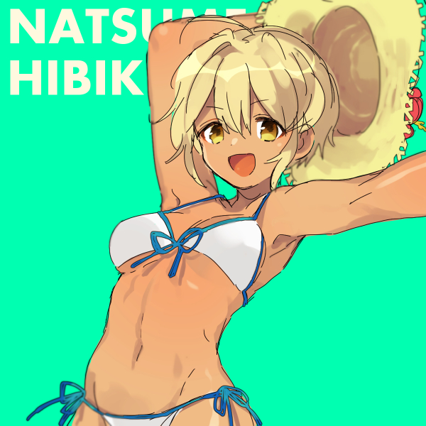 1girl, aqua_background, bikini, blonde_hair, blue_bikini, character_name, ensemble_girls!, hat