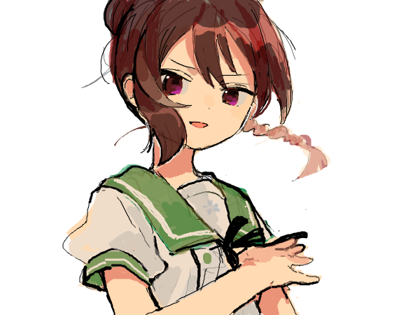 1girl, braid, brown_hair, ensemble_girls!, green_sailor_collar, hair_bun, kimisaki_school_uniform, looking_at_viewer