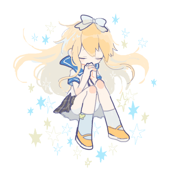 1girl, bow, chibi, closed_eyes, ensemble_girls!, full_body, hair_bow, hoshiumi_koyoi