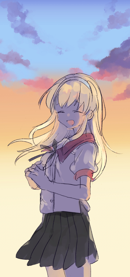 1girl, blonde_hair, blue_sky, ensemble_girls!, facing_viewer, headband, kimisaki_school_uniform, kobato_azusa