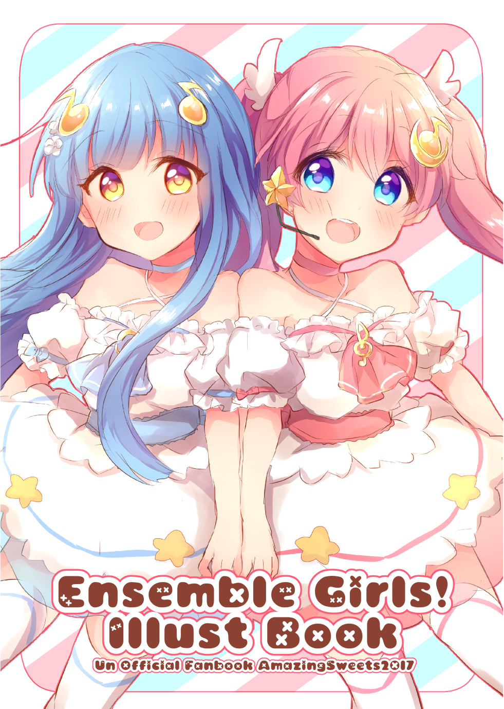 2girls, back-to-back, blue_dress, blue_eyes, blue_hair, comiket_93, cover, dress