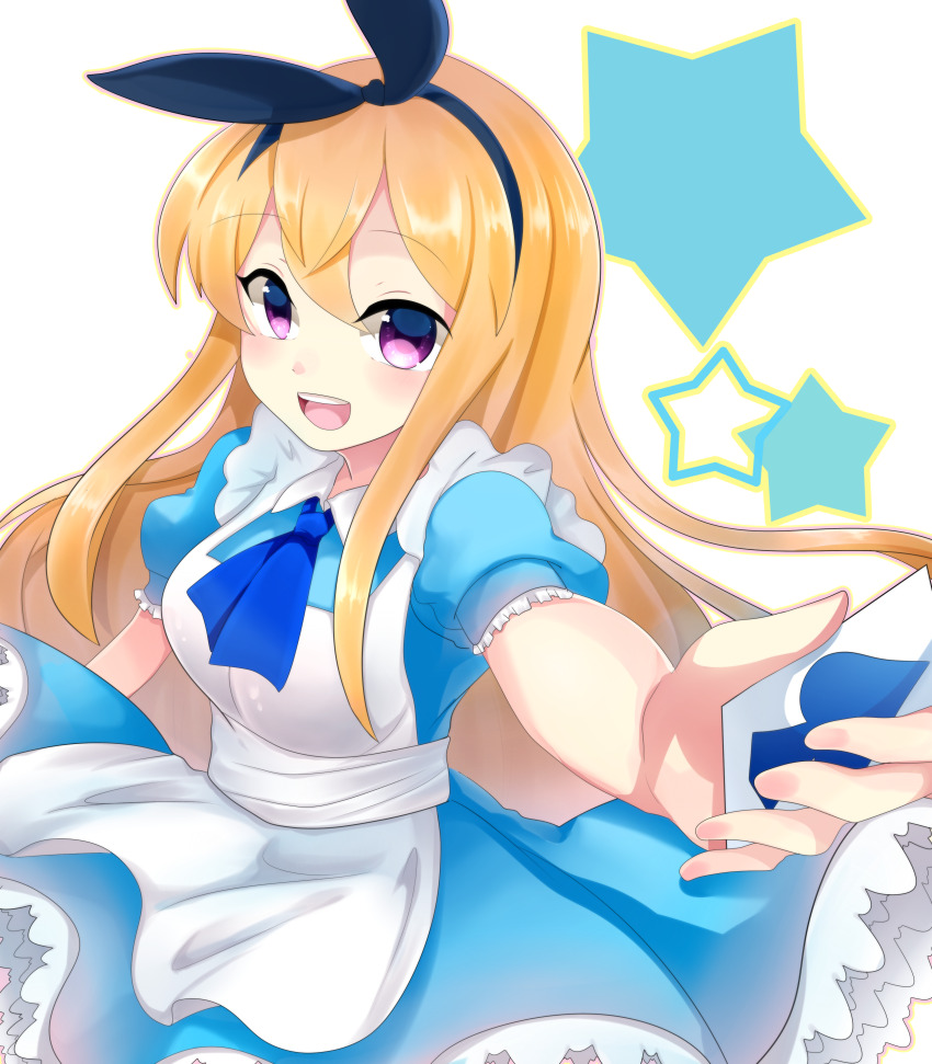 1girl, absurdres, alice_(alice_in_wonderland), alice_(alice_in_wonderland)_(cosplay), alice's_adventures_in_wonderland, apron, black_hairband, blue_dress