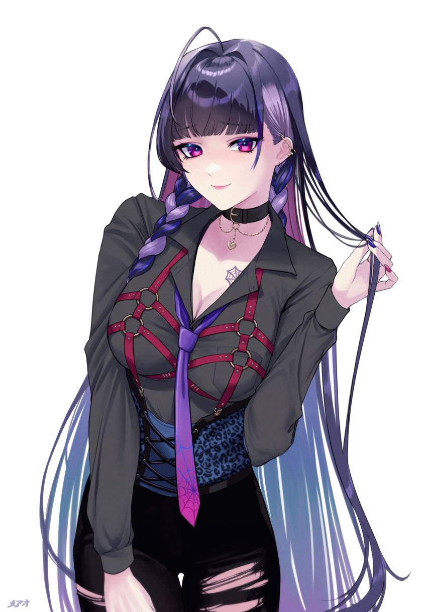 1girl, absurdres, ahoge, barbell_piercing, black_choker, black_hair, black_pants, blunt_bangs