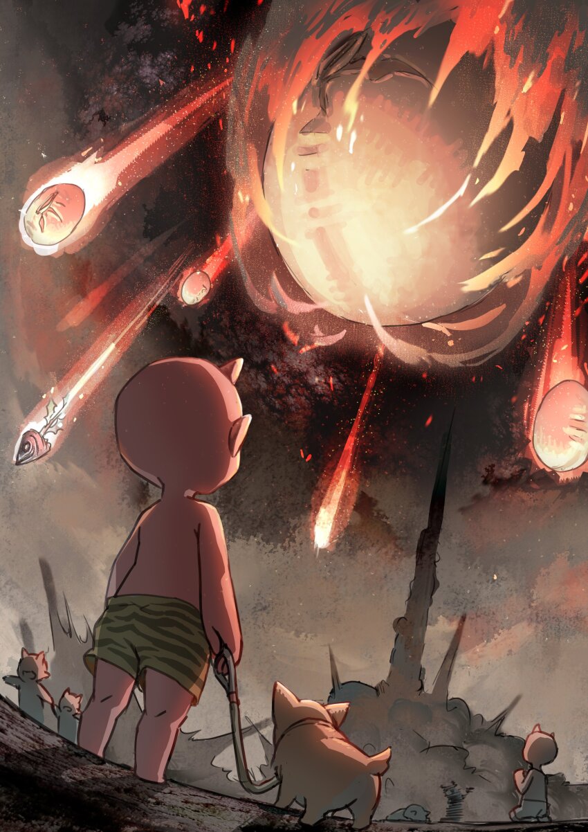 4boys, absurdres, apocalypse, bald, beans, bizarre_rain, burning, child