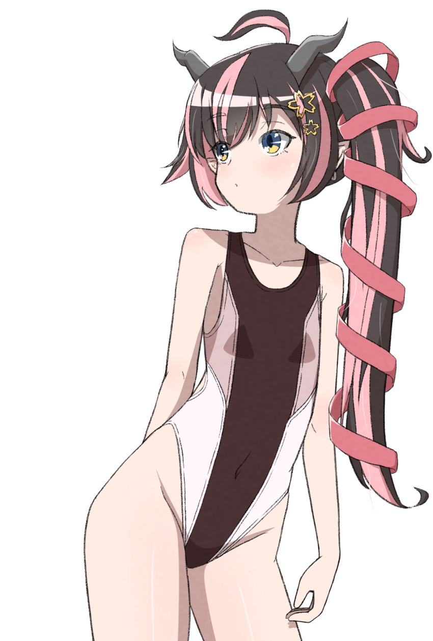 1girl, ahoge, black_hair, blue_eyes, blush, brown_one-piece_swimsuit, closed_mouth, commentary_request