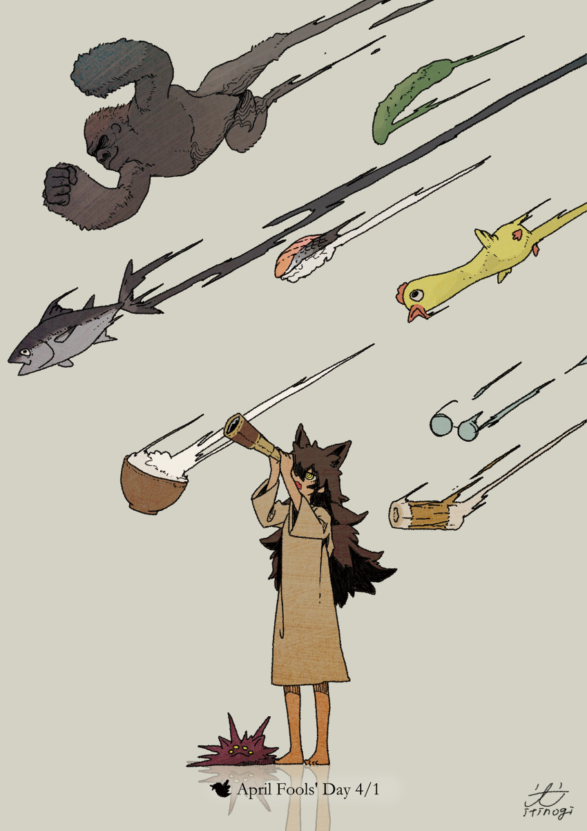 1girl, animal_ears, ape, april_fools, barefoot, bird, bizarre_rain, black_hair