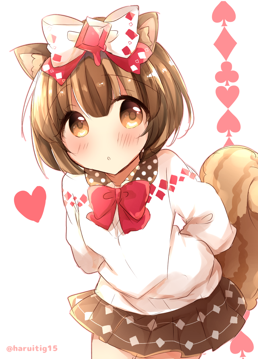 1girl, animal_ears, blush, brown_eyes, brown_hair, brown_shirt, brown_skirt, chokiyurui_(show_by_rock!!)