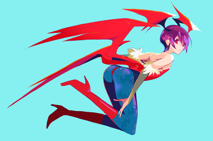 1girl, animal_print, aqua_background, ass, bat_print, bat_wings, blue_pantyhose, bridal_gauntlets