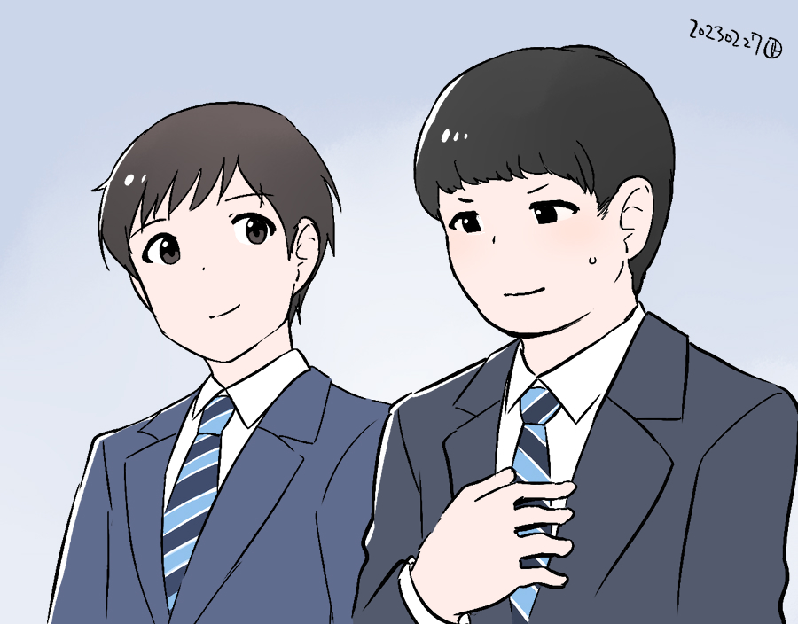 2boys, black_hair, blue_necktie, brown_hair, diagonal-striped_clothes, diagonal-striped_necktie, formal_clothes, grey_background