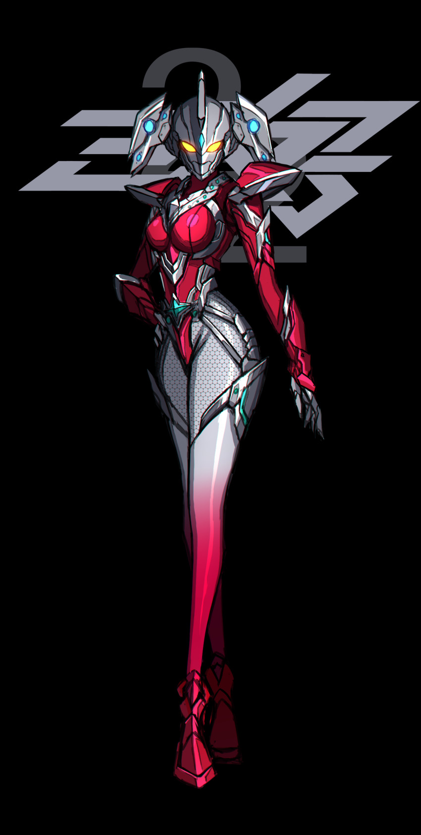 1girl, 3ok, absurdres, alternate_universe, armor, body_armor, breasts, dorsal_fin, fins, fishnets, gauntlets, gloves, glowing, glowing_eyes, gradient_footwear, head_fins, highres, looking_at_viewer, medium_breasts, red_armor, red_gloves, shoulder_armor, standing, ultra_series, ultraman:_the_adventure_begins, ultraman_(hero's_comics), ultraman_suit_(hero's_comics), ultrawoman_beth, yellow_eyes
