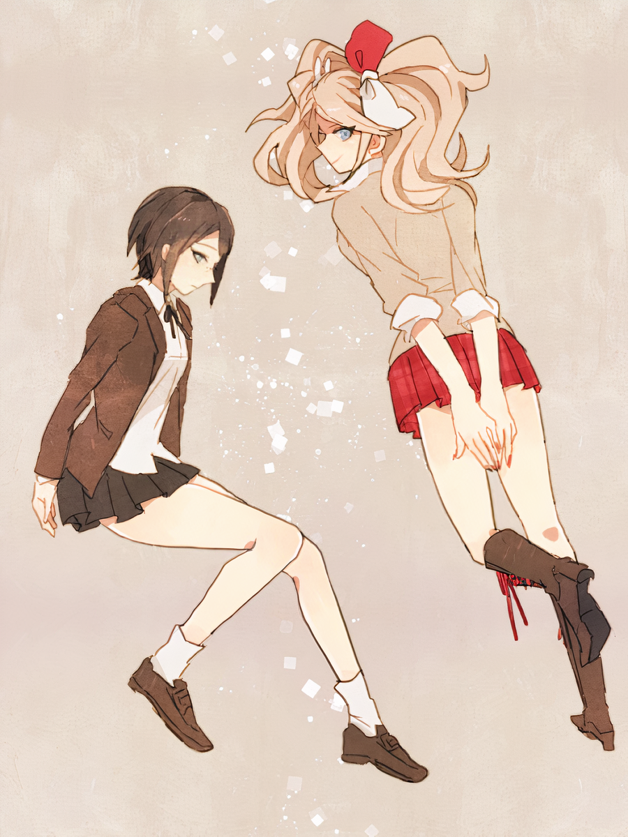 2girls, arms_behind_back, black_footwear, black_hair, black_ribbon, black_skirt, blonde_hair, blue_eyes