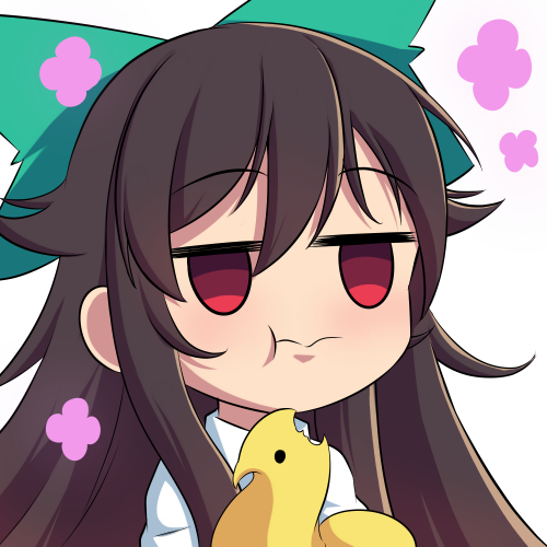 1girl, :t, blush, bmkro, bow, brown_hair, closed_mouth, commentary, eating, english_commentary, food, green_bow, hair_bow, long_hair, lowres, marshmallow, peeps, red_eyes, reiuji_utsuho, shirt, simple_background, smile, solo, touhou, transparent_background, upper_body, white_shirt