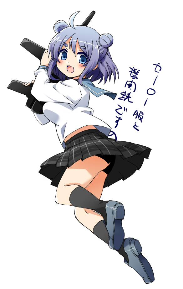 00tea, 1girl, black_socks, blue_eyes, blush, double_bun, ensemble_girls!, gun