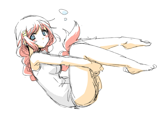 00tea, 1girl, blue_eyes, blush, braid, closed_mouth, ensemble_girls!, full_body, hair_ornament, hairclip, hugging_own_legs, looking_at_viewer, mizushima_ushio, one-piece_swimsuit, red_hair, sketch, solo, swimsuit, white_background, white_one-piece_swimsuit