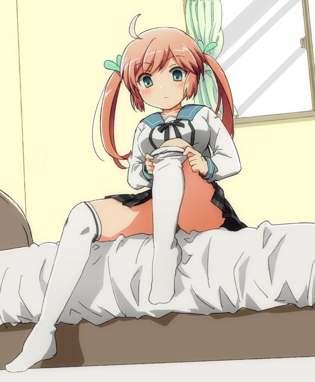 00tea, 1girl, aqua_bow, aqua_ribbon, blush, bow, closed_mouth, curtains, ensemble_girls!, green_eyes, kimisaki_school_uniform, long_sleeves, looking_down, on_bed, pink_hair, putting_on_legwear, ribbon, sakaki_mutsumi, school_uniform, sitting, solo, thighhighs, twintails, white_thighhighs, window