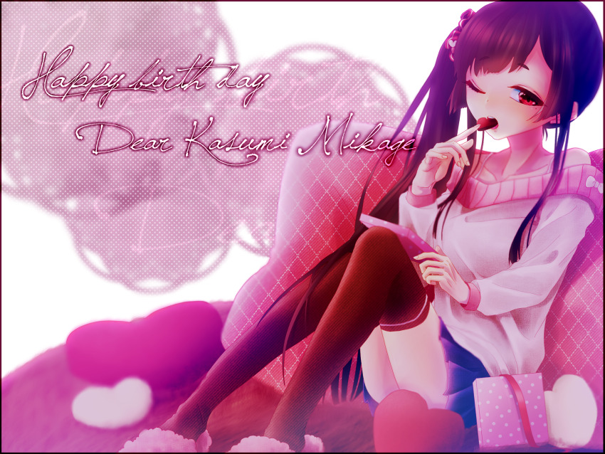 1girl, black_hair, black_thighhighs, blue_skirt, candy, character_name, chocolate, chocolate_heart