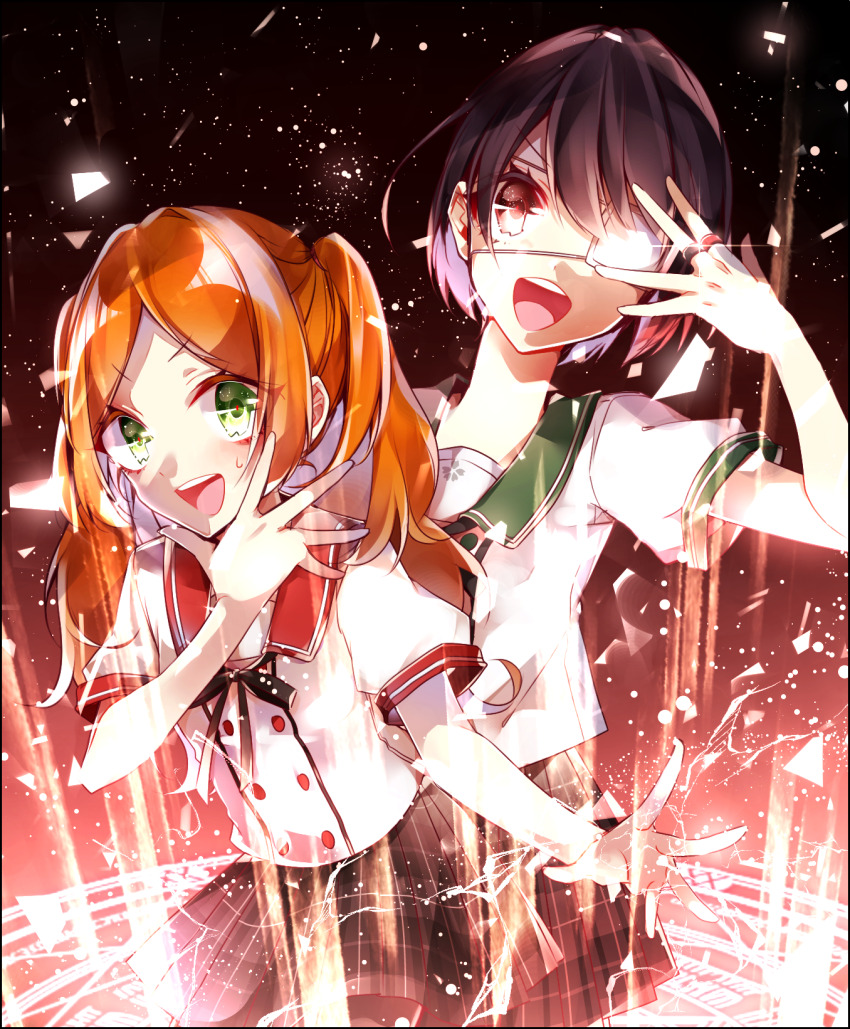 2girls, black_background, ensemble_girls!, eyepatch, green_eyes, half_updo, highres, kimisaki_school_uniform