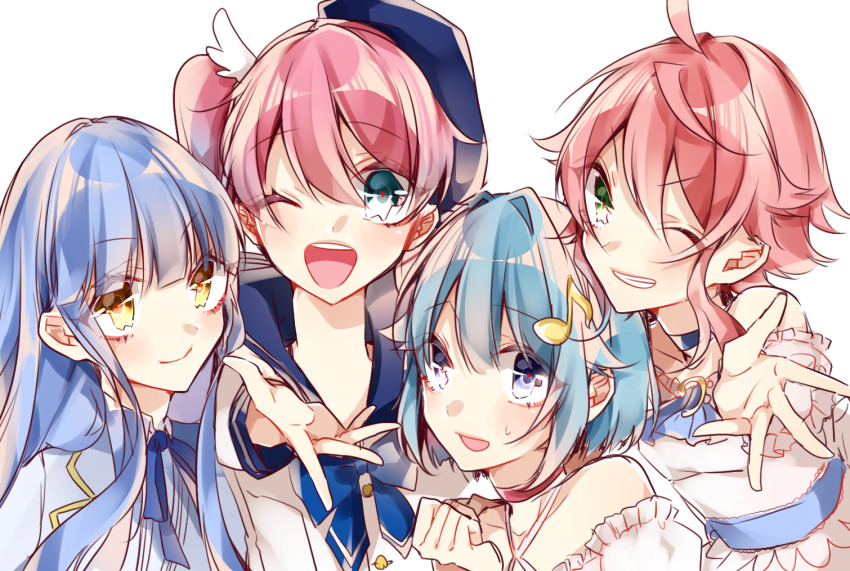 1girl, 2boys, blue_eyes, blue_hair, ensemble_girls!, ensemble_stars!, green_eyes, hamori_tsubasa, himemiya_tori, kanon_kotori, light_blue_hair, long_hair, looking_at_viewer, multiple_boys, one_eye_closed, orange_eyes, pink_hair, purple_eyes, rin-wonderland, shino_hajime, short_hair, white_background