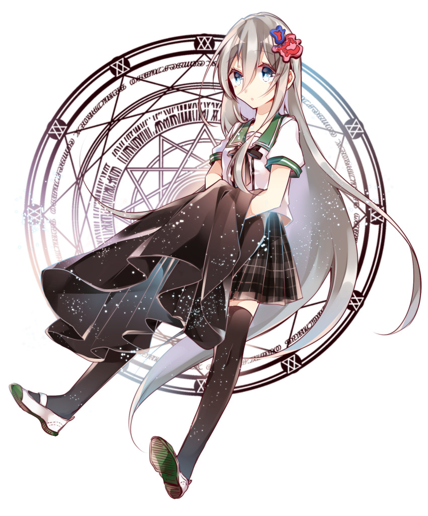 1girl, :o, blue_eyes, ensemble_girls!, flower, full_body, green_sailor_collar, grey_hair