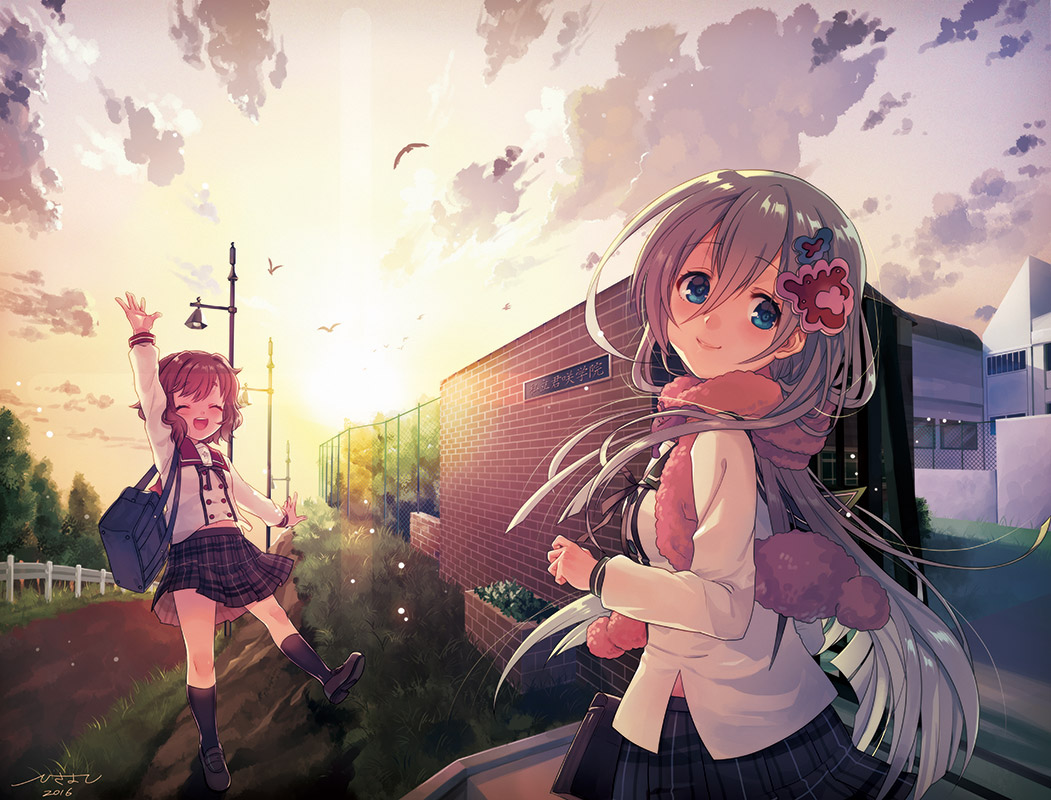 2girls, blue_eyes, brown_hair, closed_eyes, cloud, cloudy_sky, ensemble_girls!, full_body
