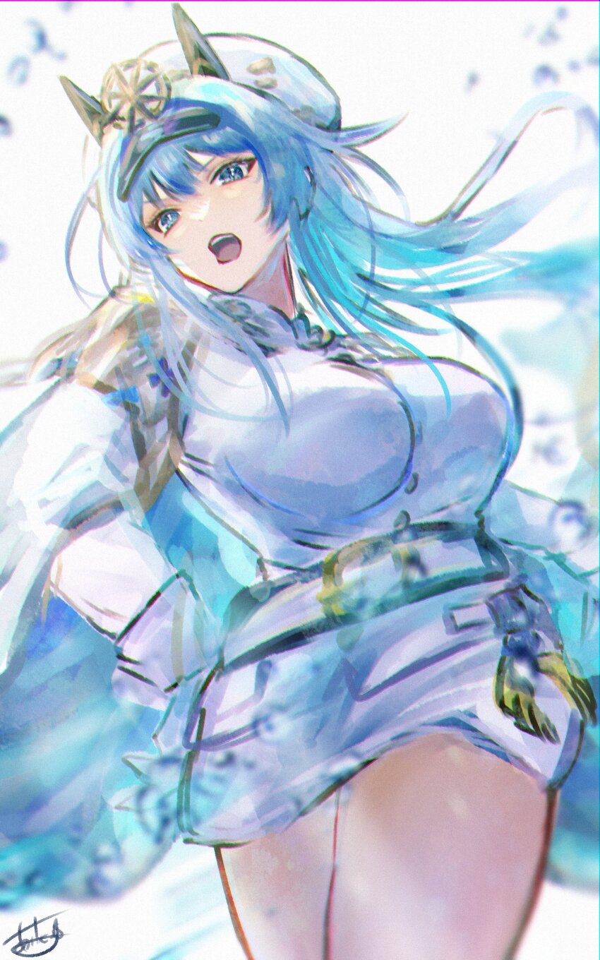 1girl, absurdres, blue_eyes, blue_hair, blurry, blurry_background, breasts, cowboy_shot, epaulettes, gloves, goddess_of_victory:_nikke, hat, helm_(nikke), highres, kaibara_akehiko, large_breasts, long_hair, long_sleeves, military, military_hat, military_uniform, naval_uniform, open_mouth, peaked_cap, shirt, shorts, signature, sketch, solo, upper_body, white_gloves, white_shirt, white_shorts