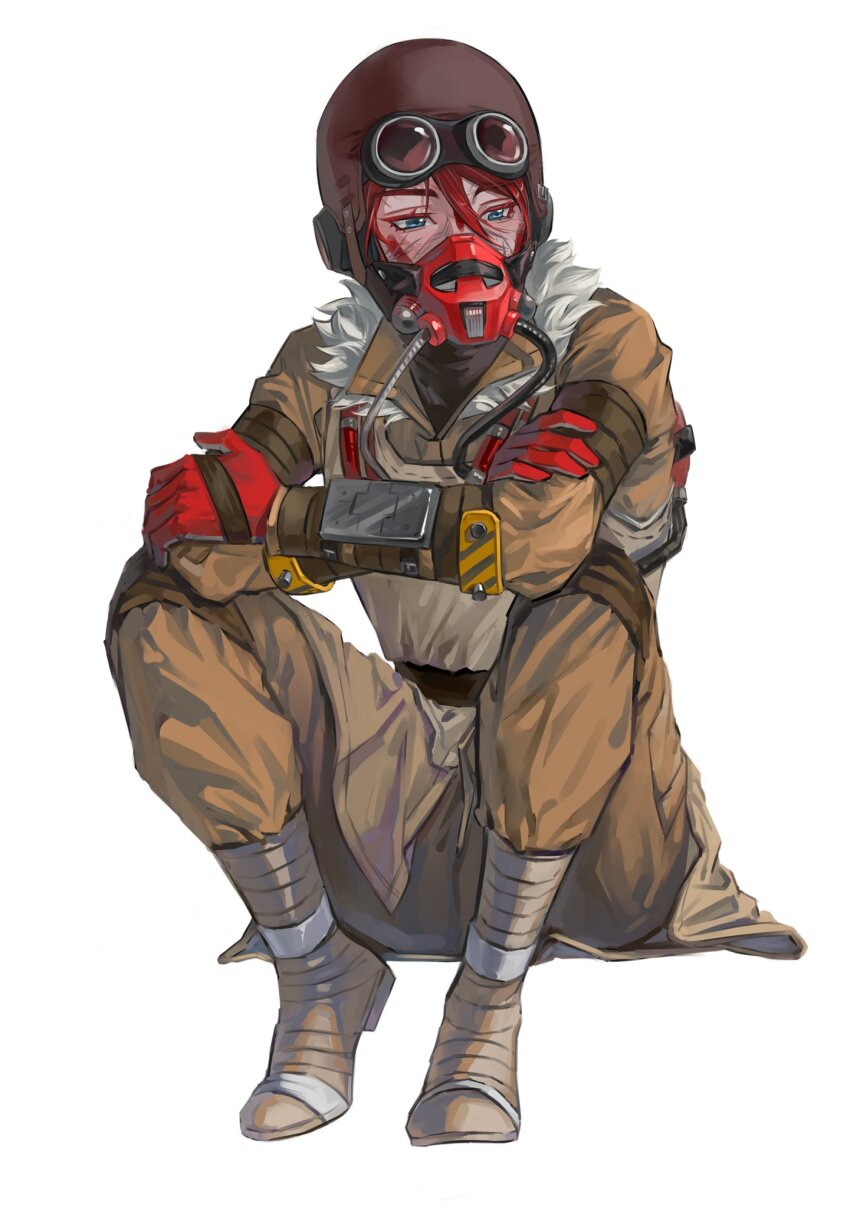 1other, ambiguous_gender, animification, apex_legends, bloodhound_(apex_legends), blue_eyes, boots, brown_boots, brown_headwear, brown_pants, cable, chinese_commentary, chongmingggg, crossed_arms, fur-trimmed_jacket, fur_trim, gloves, goggles, goggles_on_headwear, hair_between_eyes, highres, jacket, looking_to_the_side, other_focus, pants, rebreather, red_eyes, red_gloves, simple_background, sitting, solo, white_background