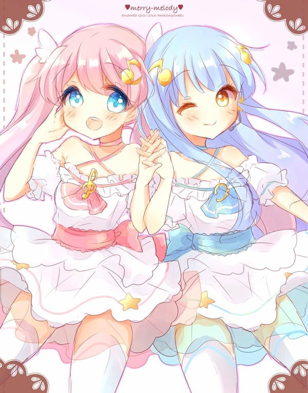2girls, blue_dress, blue_eyes, blue_hair, blush, closed_mouth, dress, ensemble_girls!