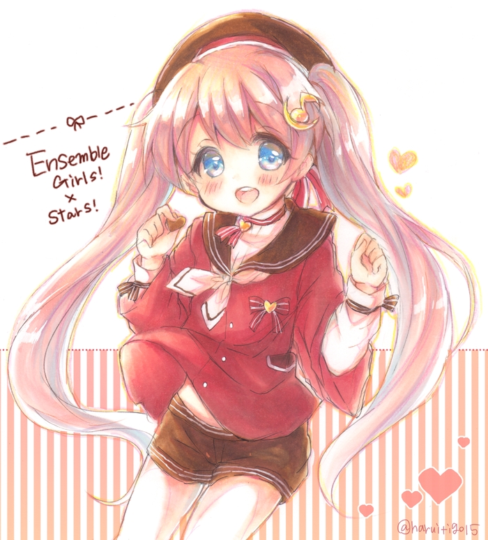 1girl, blue_eyes, blush, brown_shorts, copyright_name, cosplay, crescent, crescent_hair_ornament