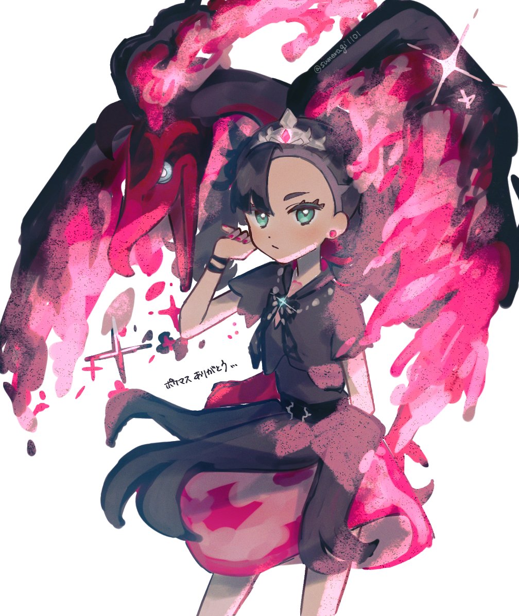 1girl, black_dress, black_hair, closed_mouth, commentary_request, dress, earrings, eyelashes