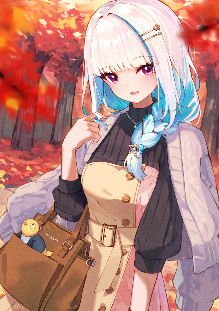 1girl, animal, aqua_hair, aran_sweater, autumn_leaves, bag, belt, bibisuka