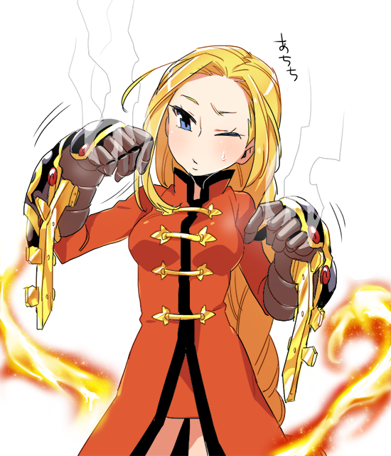 1girl, alchemist_(sekaiju), alchemist_4_(sekaiju), blonde_hair, blue_eyes, cowboy_shot, etrian_odyssey, fire