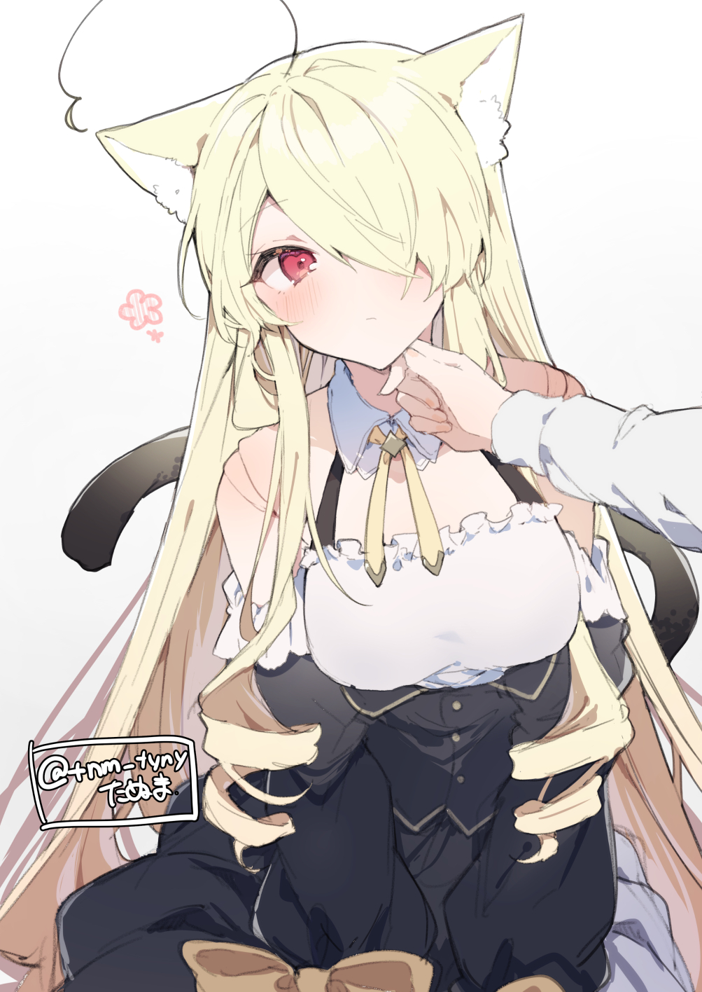 1girl, ahoge, animal_ear_fluff, animal_ears, artist_name, bare_shoulders, blonde_hair, blush