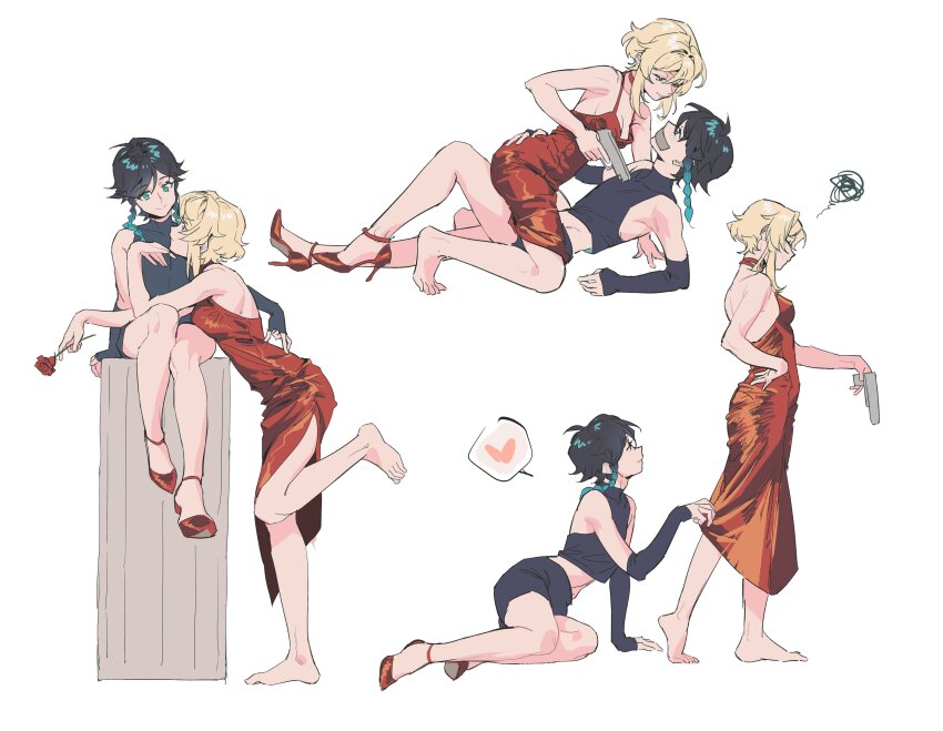 1boy, 1girl, absurdres, androgynous, black_hair, blonde_hair, blue_hair, braid