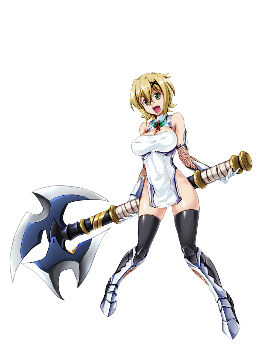 1girl, akatsuki_kirika, axe, black_thighhighs, blonde_hair, breasts, cleavage, cosplay
