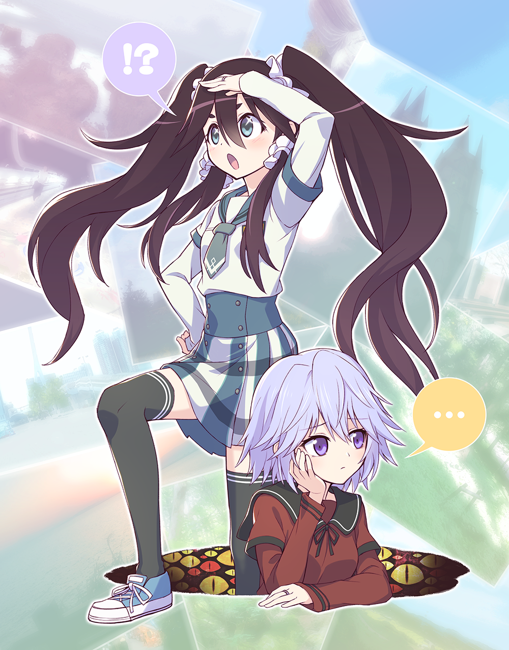 !?, ..., 2girls, :o, black_hair, black_ribbon, blue_eyes, blue_necktie