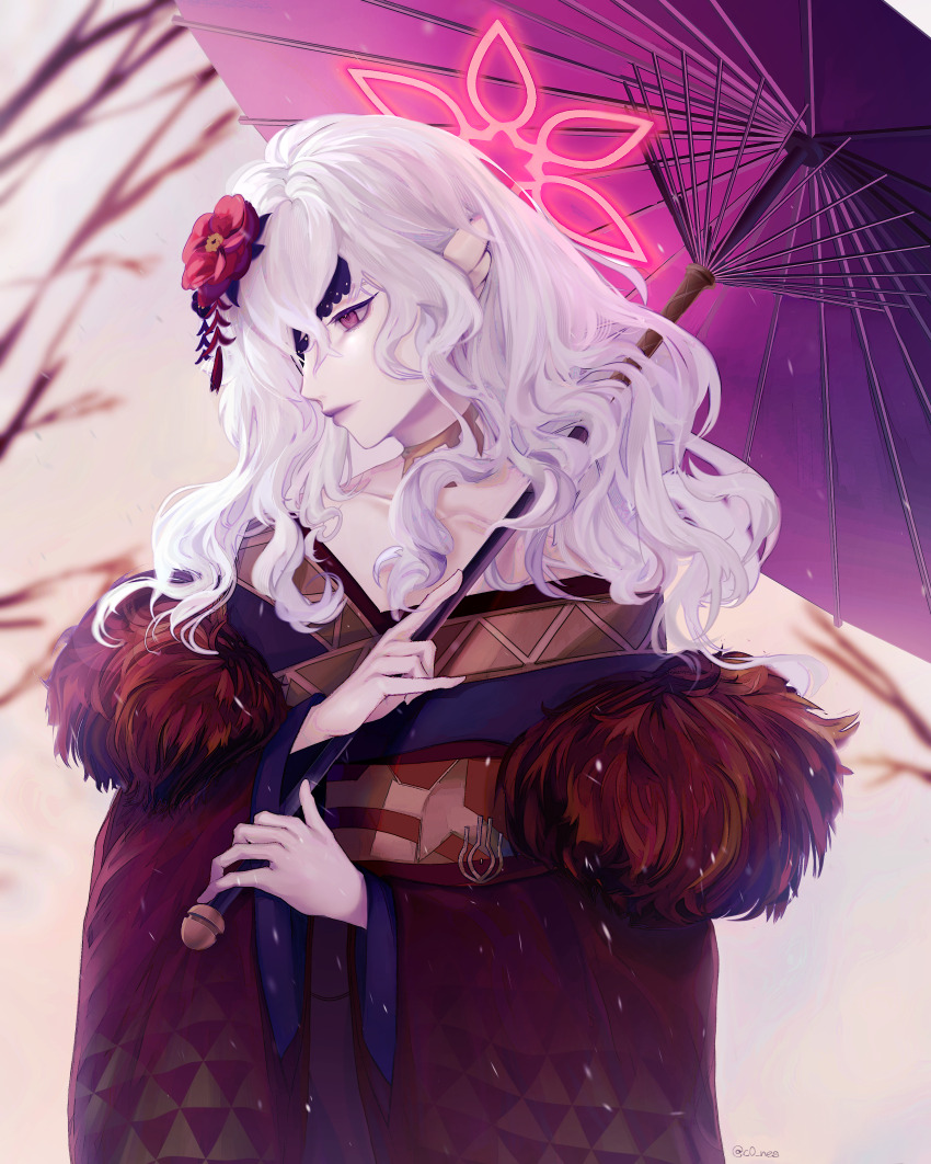 1girl, absurdres, animal_ears, bat_ears, cones_(c0_nes), embla_(fire_emblem), embla_(new_year)_(fire_emblem), eyepatch, fire_emblem, fire_emblem_heroes, flower, hair_flower, hair_ornament, highres, holding, holding_umbrella, japanese_clothes, kimono, long_hair, long_sleeves, nintendo, off_shoulder, official_alternate_costume, oil-paper_umbrella, one_eye_covered, red_eyes, red_kimono, solo, umbrella, upper_body, white_hair, wide_sleeves