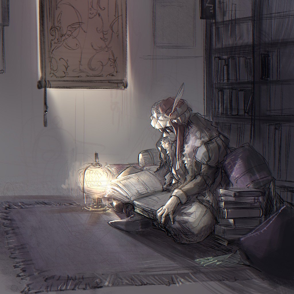 1boy, book, book_stack, bookshelf, carpet, closed_mouth, curtains, cushion, facial_hair, fate/grand_order, fate_(series), full_body, fur-trimmed_jacket, fur_trim, glasses, green_jacket, grey_pants, hair_between_eyes, hat_feather, heki0529, indian_style, indoors, jacket, juliet_sleeves, lantern, long_sleeves, male_focus, mehmed_ii_(fate), on_floor, opaque_glasses, open_book, pants, puffy_sleeves, reading, shirt, shoes, short_hair, sitting, solo, stubble, turban