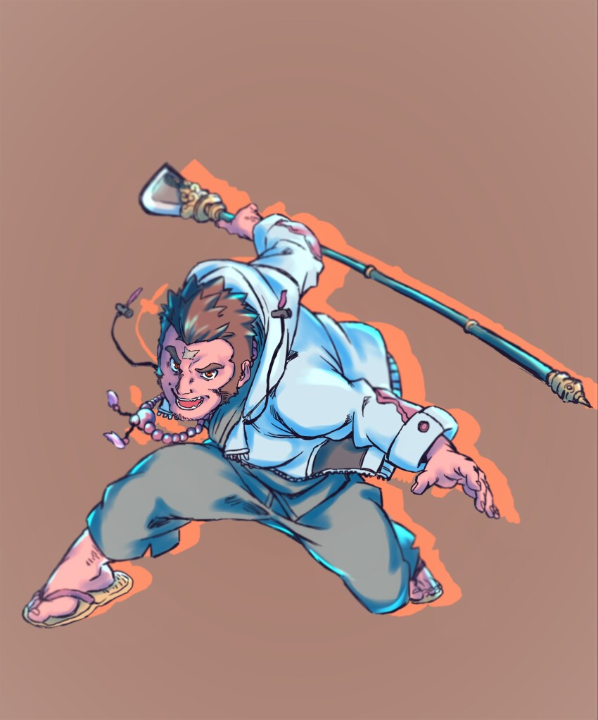 1boy, absurdres, bara, beads, brown_hair, cross_scar, facial_hair, fighting_stance